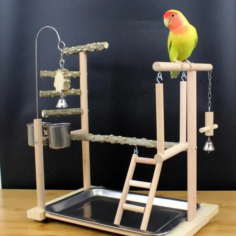 Natural pepper wood parrot toy stand with multiple platforms and a pole for accessories.