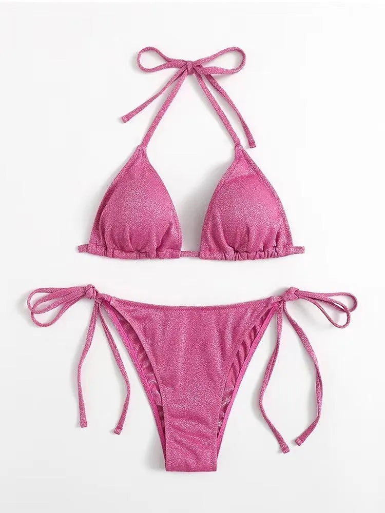 Women's khaki gold bandage-style bikini with a split design detail, shown as a two-piece set.