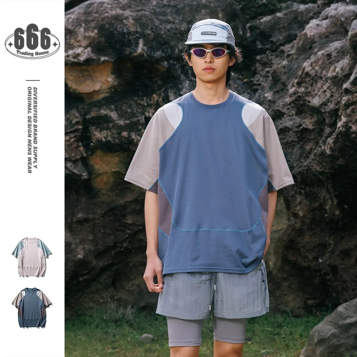 Men's loose blue patchwork t-shirt with contrast colour design and short sleeves.