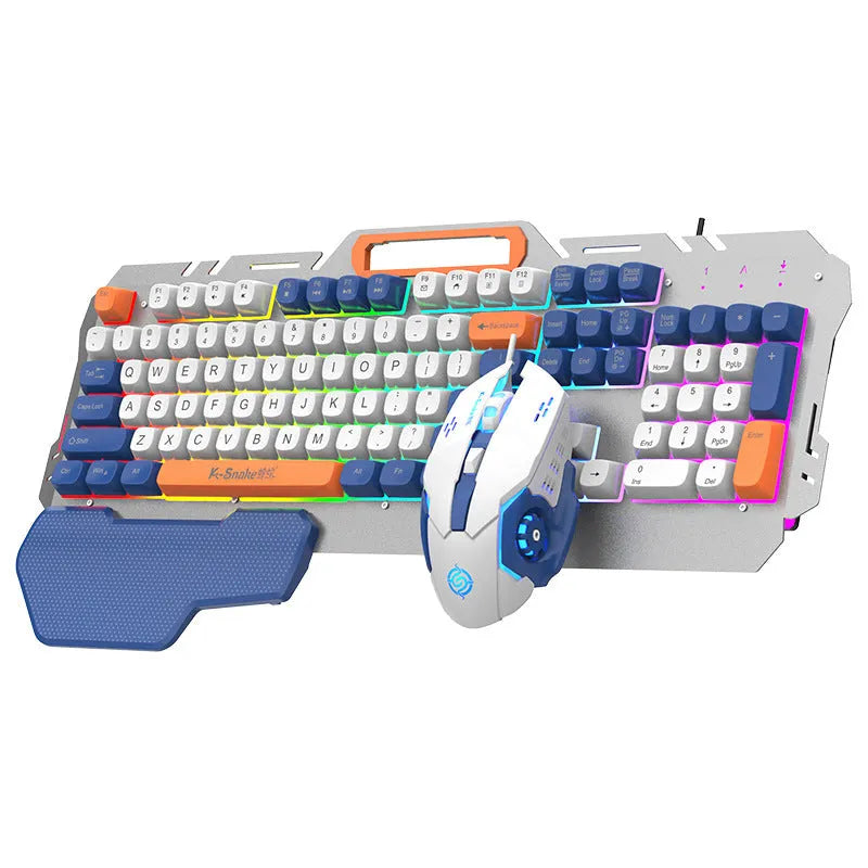 Blue wired gaming keyboard and mouse set with backlit keys on desktop