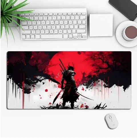 Large black anime gaming mouse pad with detailed graphics on smooth cloth surface
