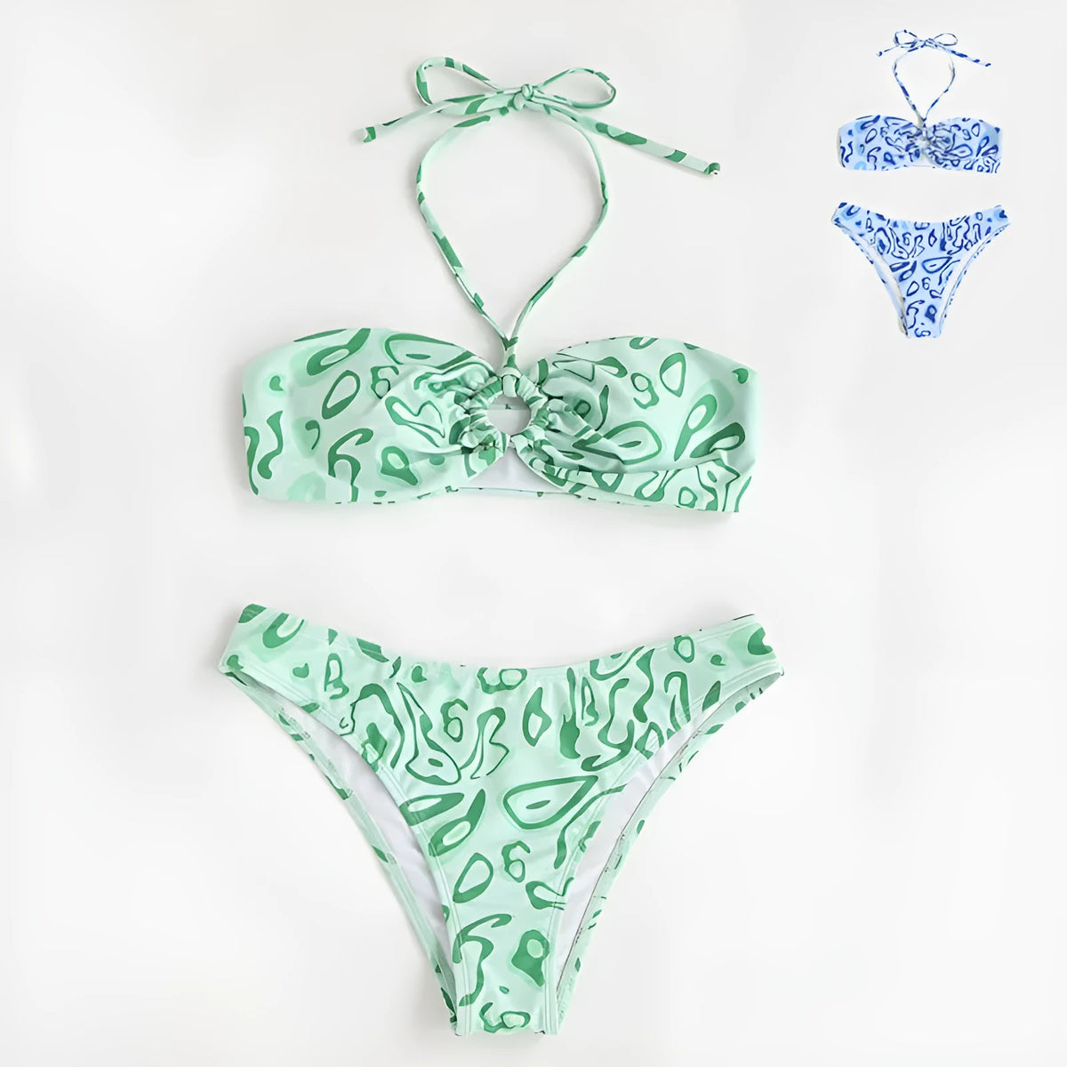 Women's green floral bandeau split swimsuit with triangle top and matching briefs