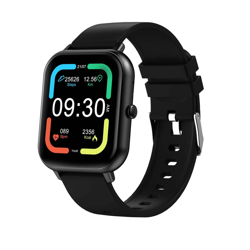 Bluetooth smart watch for heart rate monitoring and step counting on wrist, shown in black, silver grey, pink or khaki.