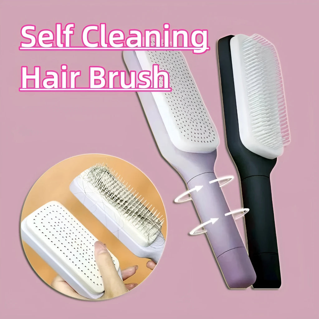 Self-cleaning hair brush in Roland purple colour showing rotate handle mechanism and bristle design