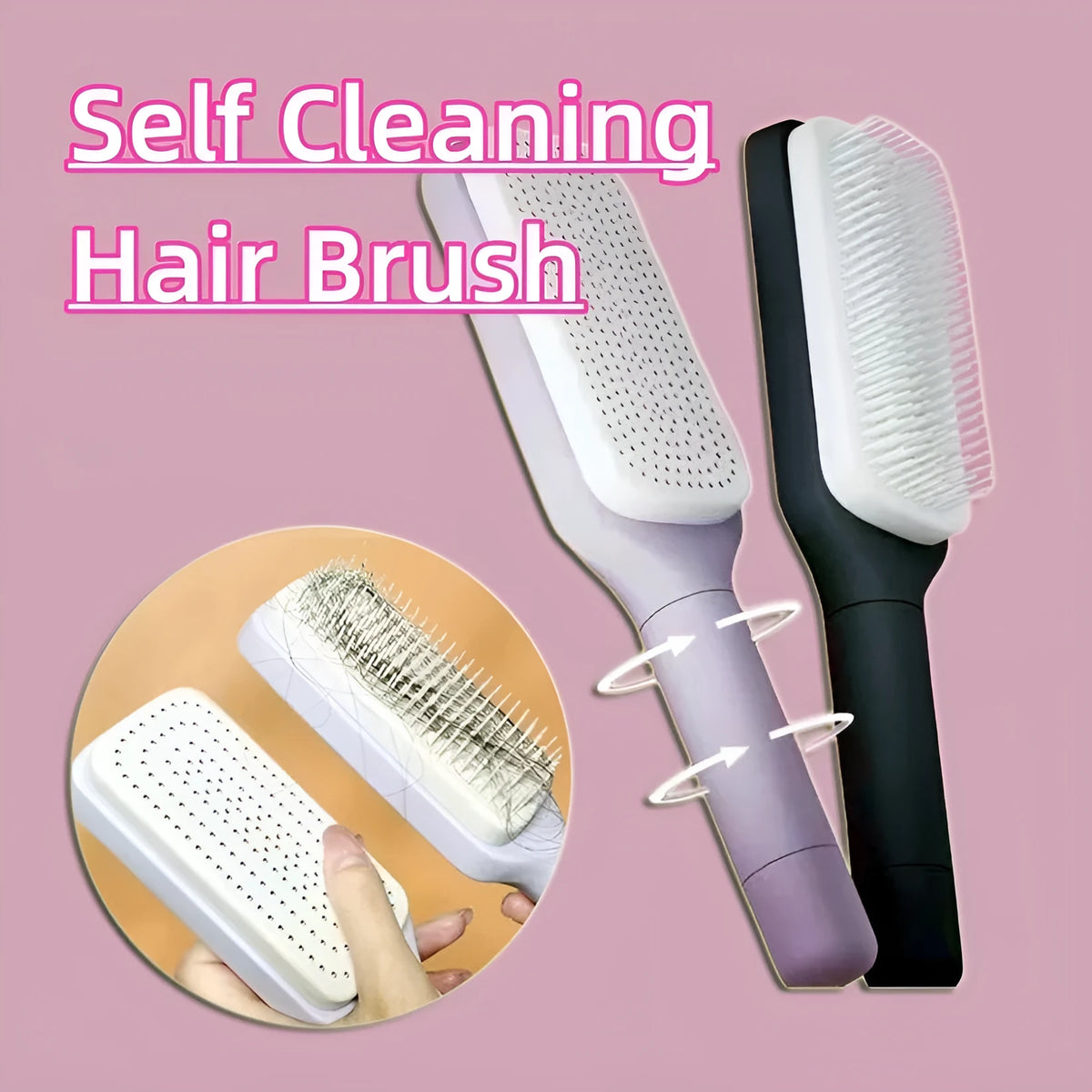Self-cleaning hair brush in Roland purple colour showing rotate handle mechanism and bristle design