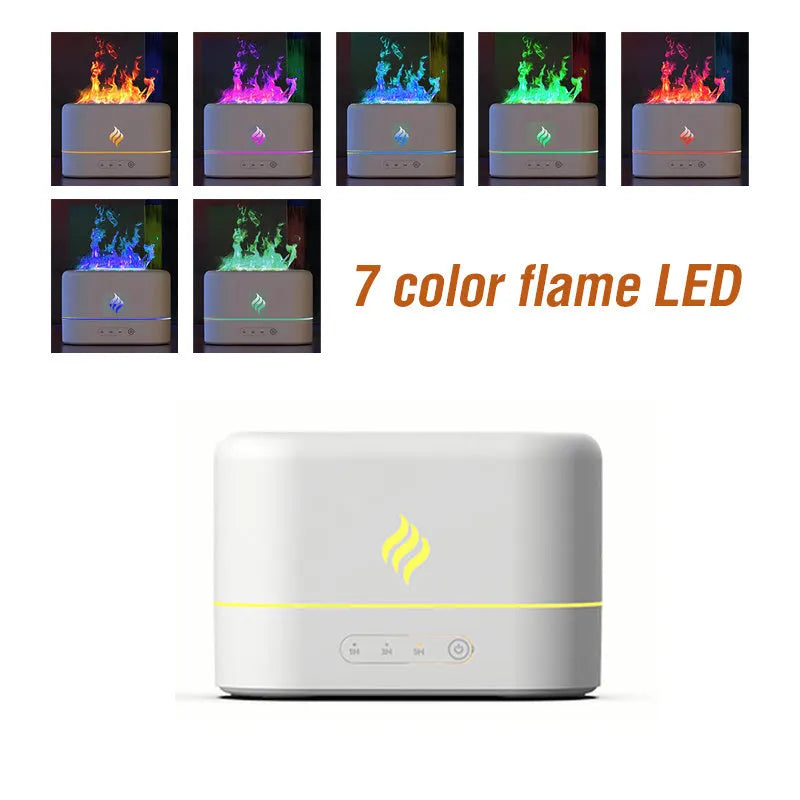 USB-powered aroma diffuser humidifier with seven-colour simulated flame effect showing mist output