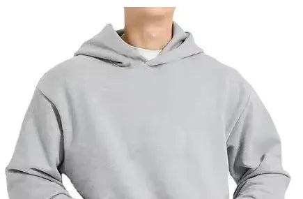 Men's grey fleece-lined cotton pullover sweatshirt with hood and wool lining