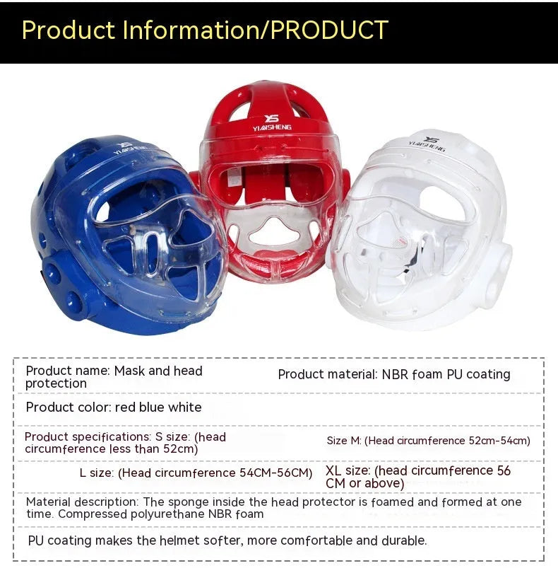 Karate helmet protective equipment for boxing in white, blue, or red colours with size options