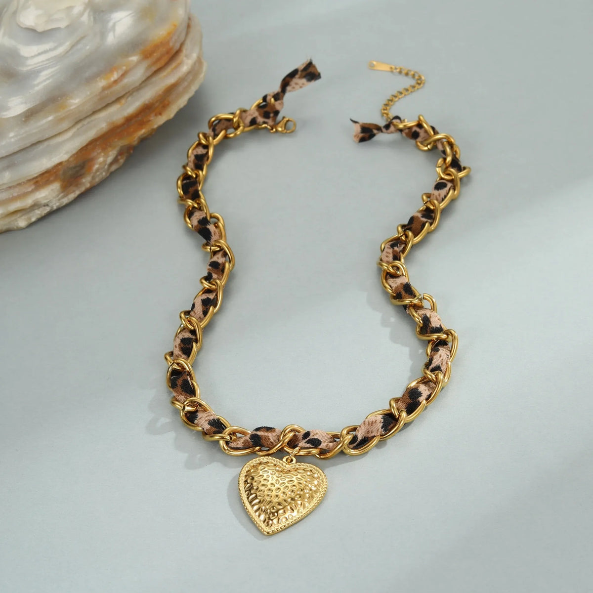 Stainless steel necklace with 18K gold electroplated leopard love pendant on adjustable 41-50cm chain