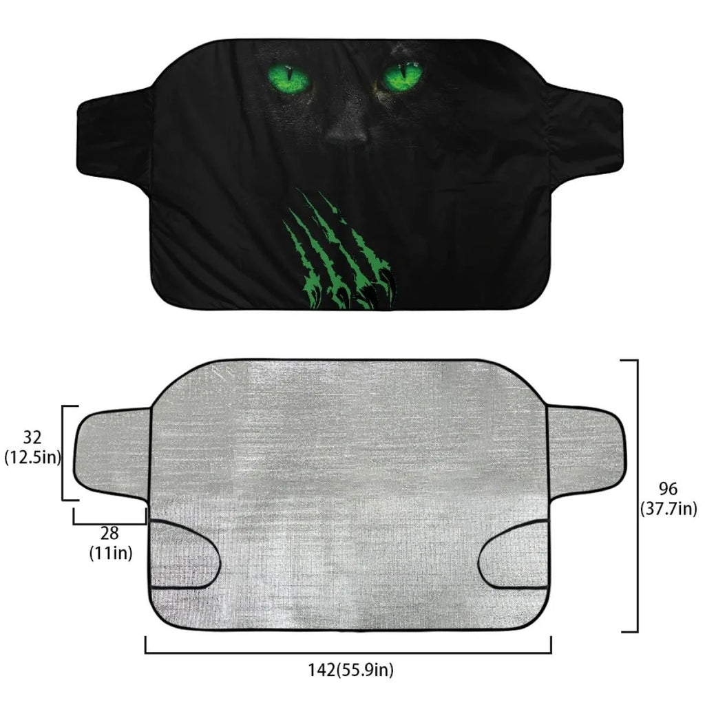 Car snow protection front gear showing aluminium foam fabric construction and lanyard installation system