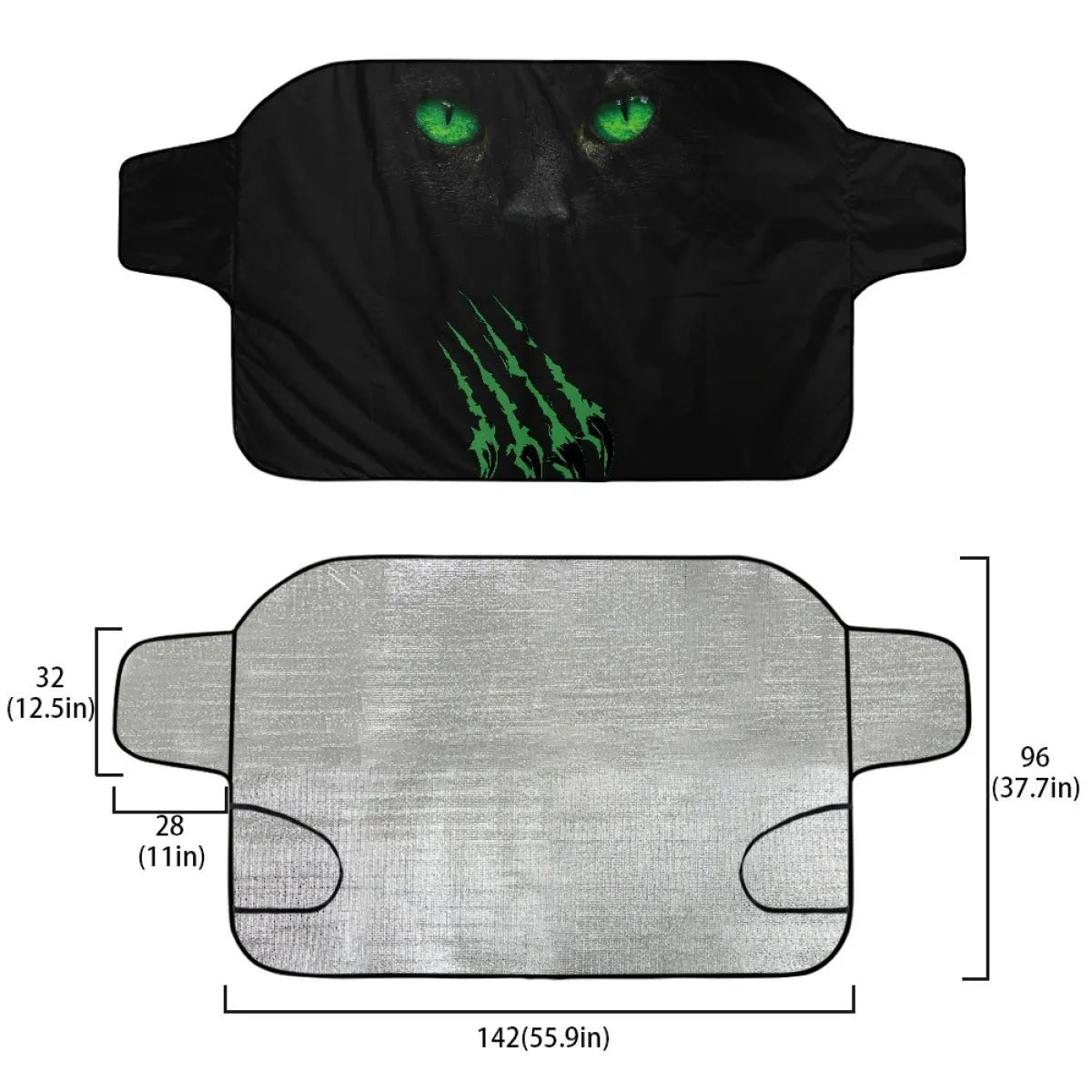 Car snow protection front gear showing aluminium foam fabric construction and lanyard installation system