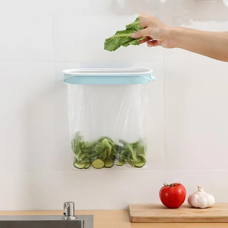 Blue plastic kitchen garbage bag storage rack for cabinet organisation