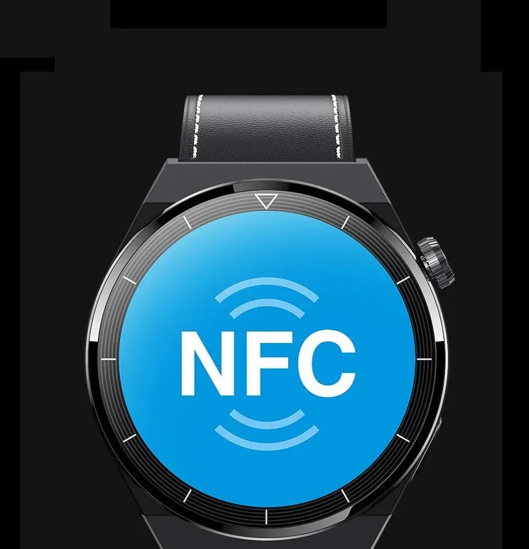 Round Android smart watch with NFC, black silicone strap, on a wrist showing the 1.36-inch display.