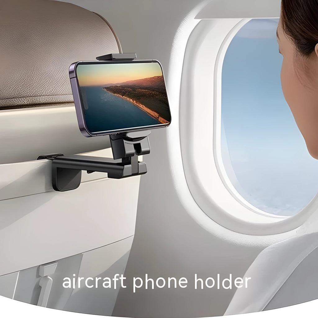 Black foldable rotating phone holder showing adjustable angles on a desk