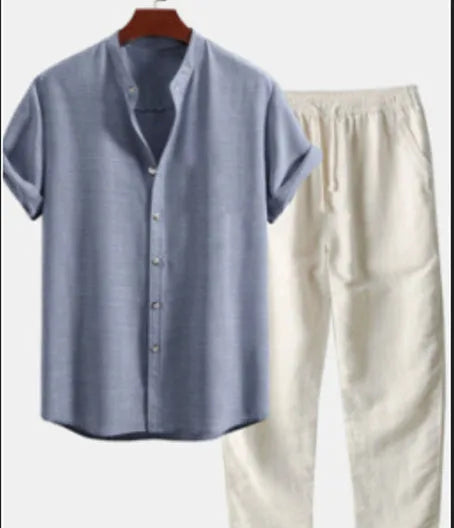 Men's floral print casual shirt and pants set in slim fit with short sleeves