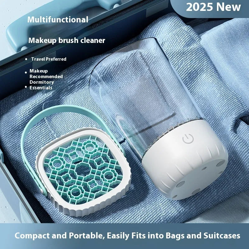 White plastic rechargeable electric makeup brush cleaning device with USB charging cable