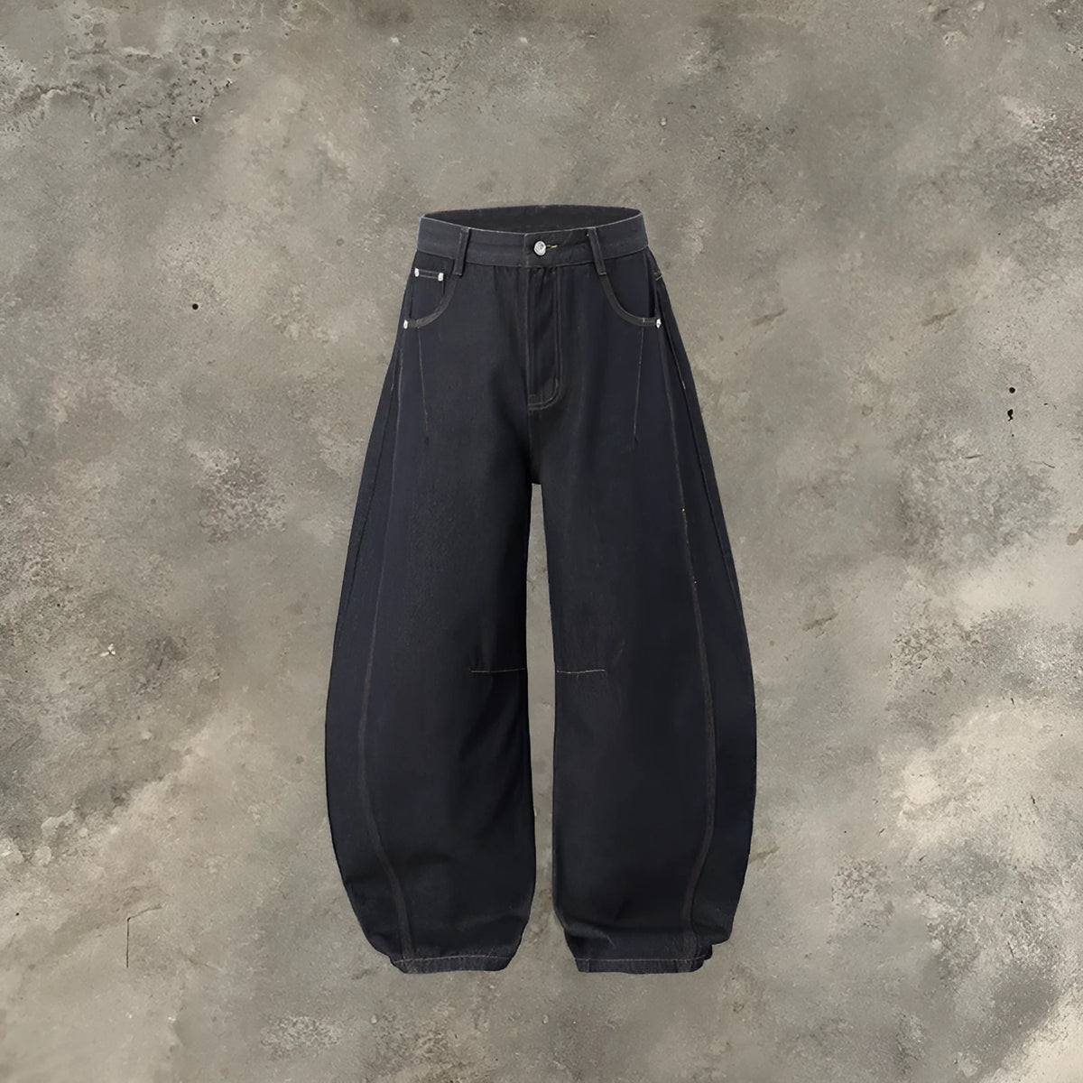 Men's original cow colour wide leg denim trousers on a mid-waist model.