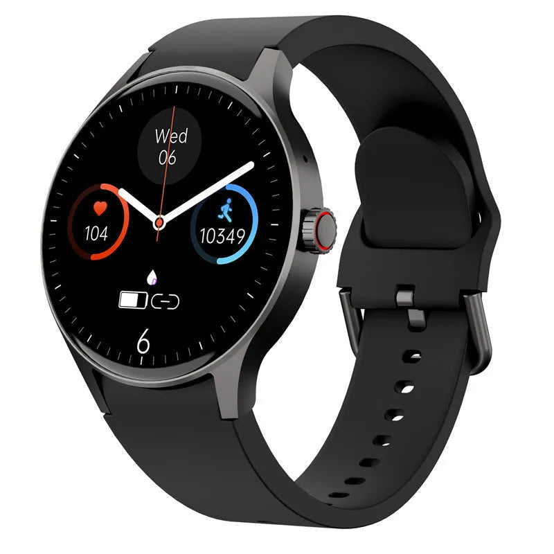 Black smart Bluetooth sport watch with round 1.43-inch touch screen display on wrist