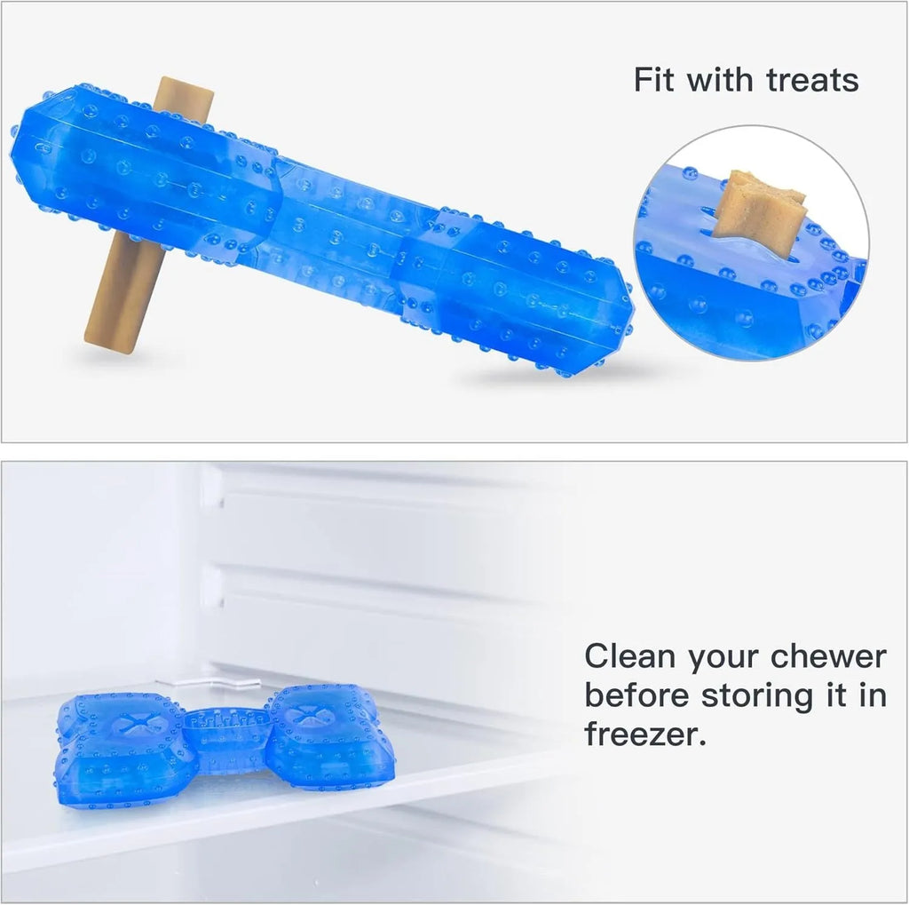 Freezable non-toxic dog teething chew toy with treat filling for cooling and dental care.
