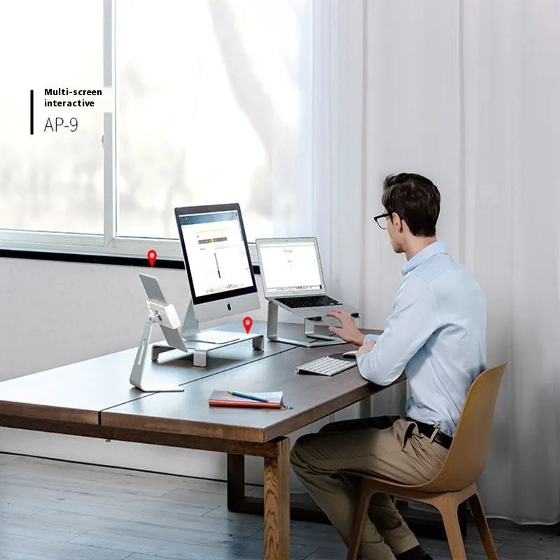 Black aluminium laptop stand elevating notebook with improved ventilation space underneath