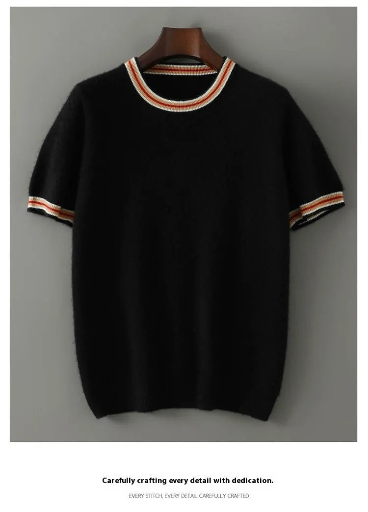 Men's grey short sleeve round neck wool sweater laid flat