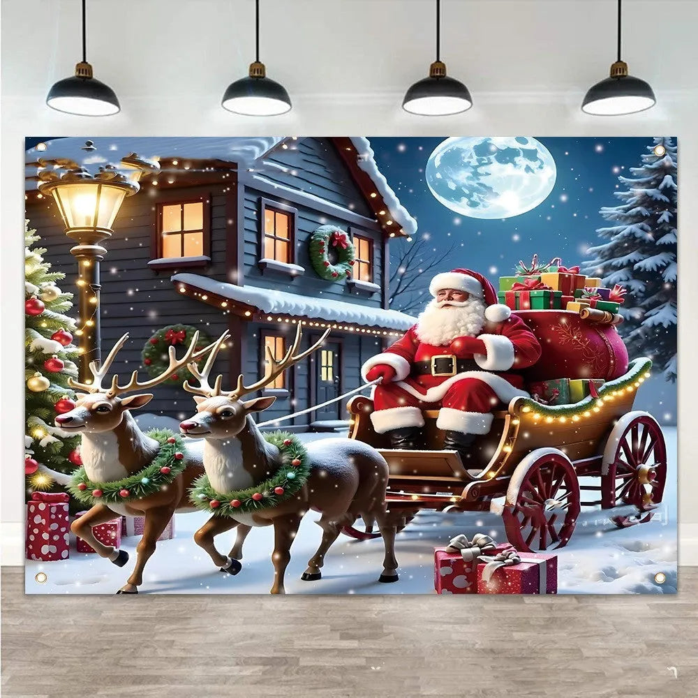 Christmas banner with Santa Claus and gift night scene design on polyester fabric