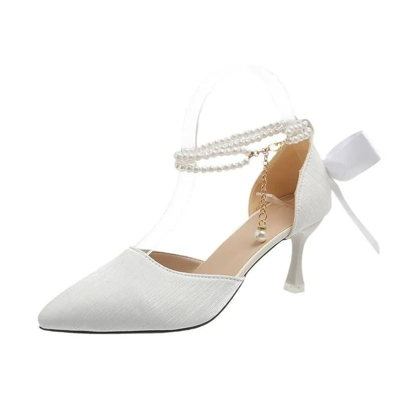 Apricot bow high heels with 6cm wine glass heel, PU upper and sole, middle mouth cut, sizes 34-40