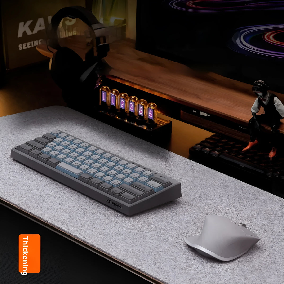 Grey and black felt cork office mouse pad on a wooden desk