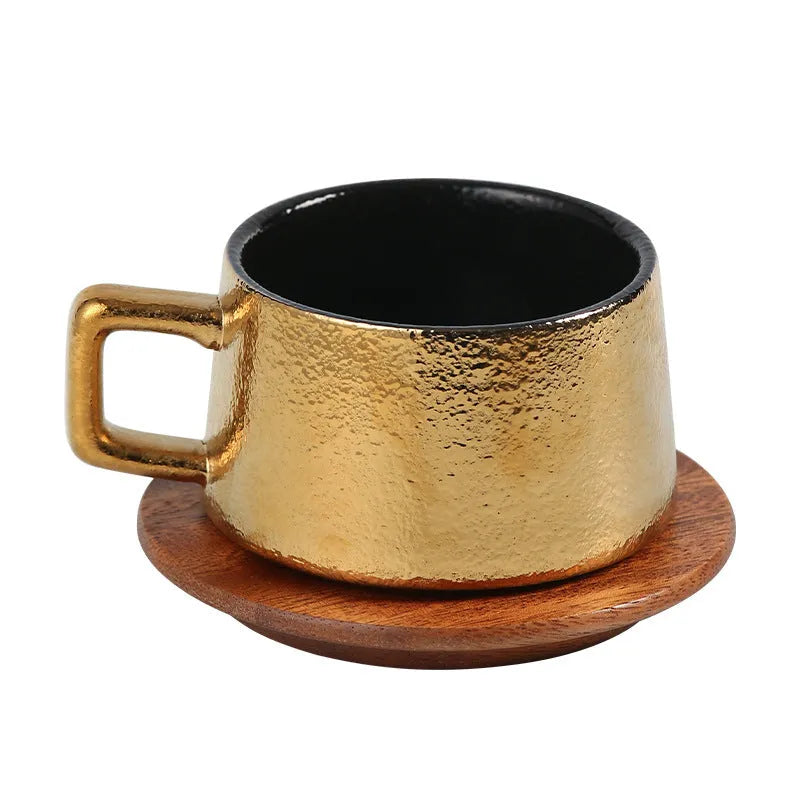 Gold-plated office gift tumbler coffee cup set with irregular shaped cup and decorative packaging