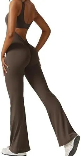 Women's sleeveless black flare jumpsuit long pants for yoga and fitness.
