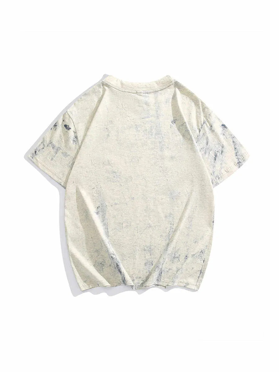 Grey tie dye patterned loose fit t-shirt with short sleeves and round neck collar
