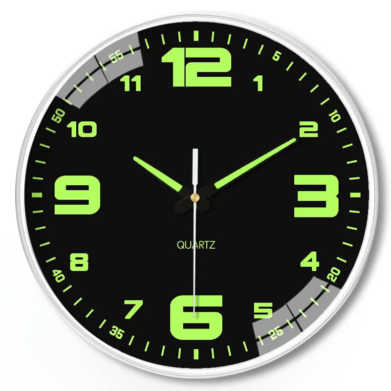 Modern 8 inch luminous wall clock with 20cm diameter on a wall.