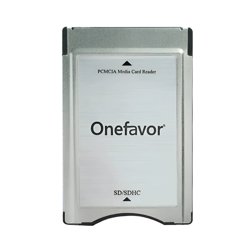 SD to PCMCIA adapter card with stainless steel housing for Mercedes-Benz cars next to a 32GB SDHC card