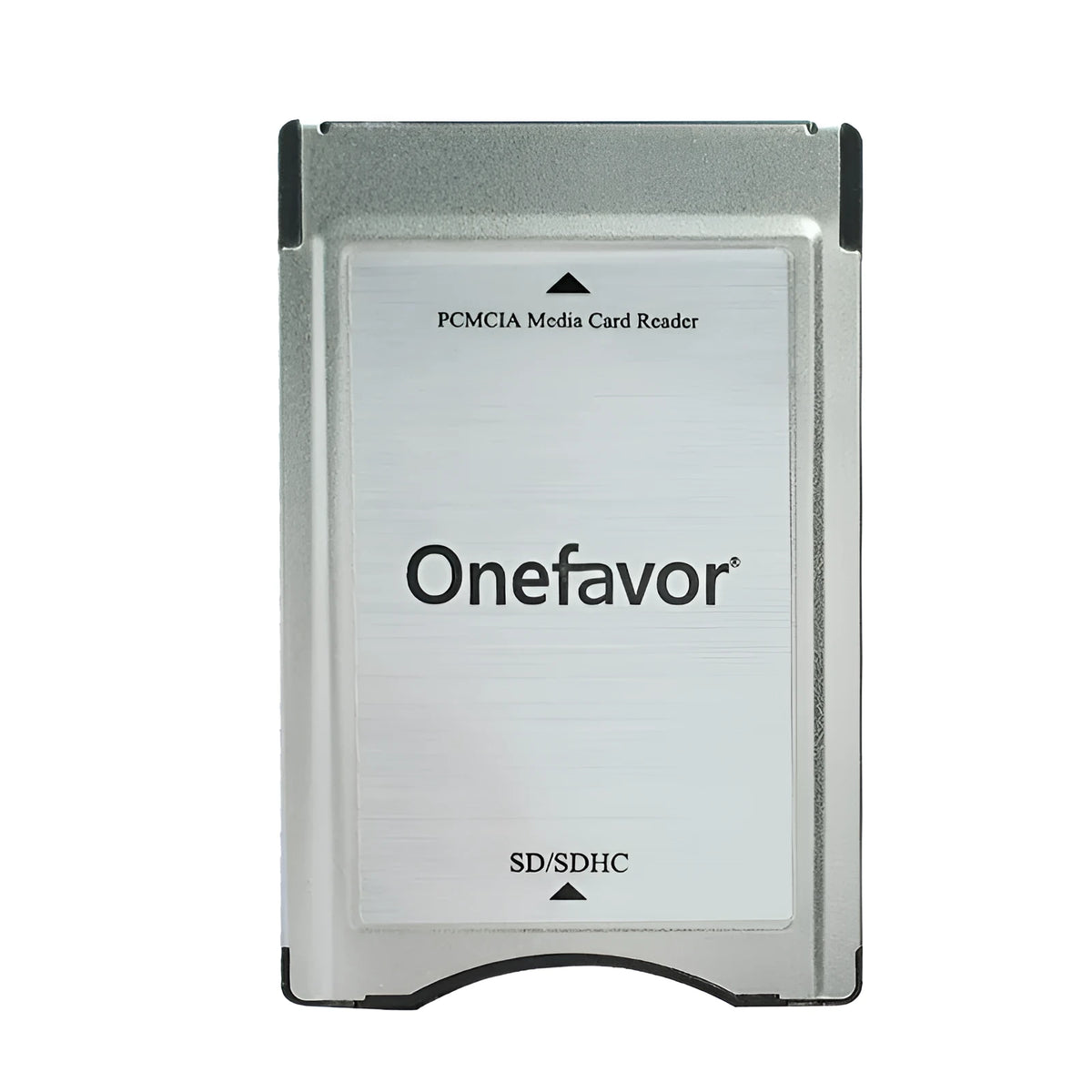 SD to PCMCIA adapter card with stainless steel housing for Mercedes-Benz cars next to a 32GB SDHC card