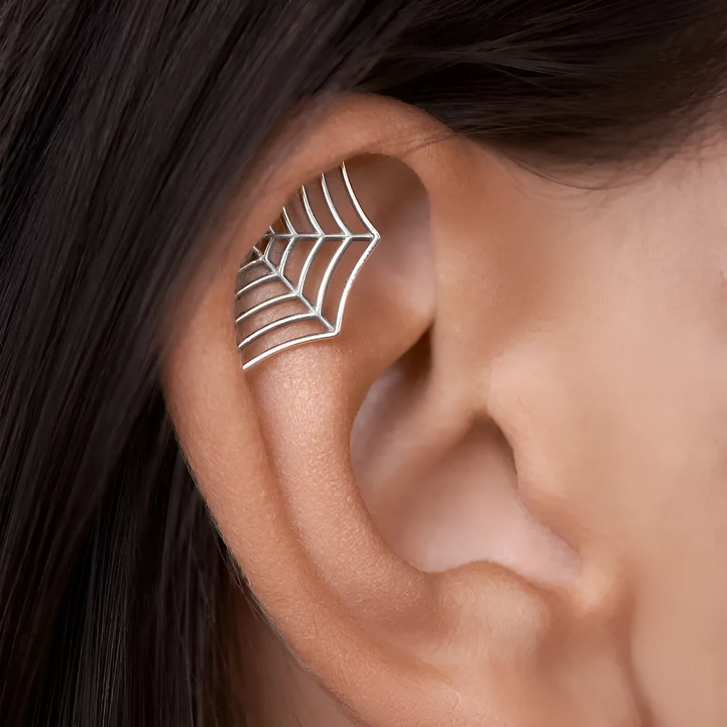 Geometric spider web metal stud earrings with electroplated gold and silver colour options