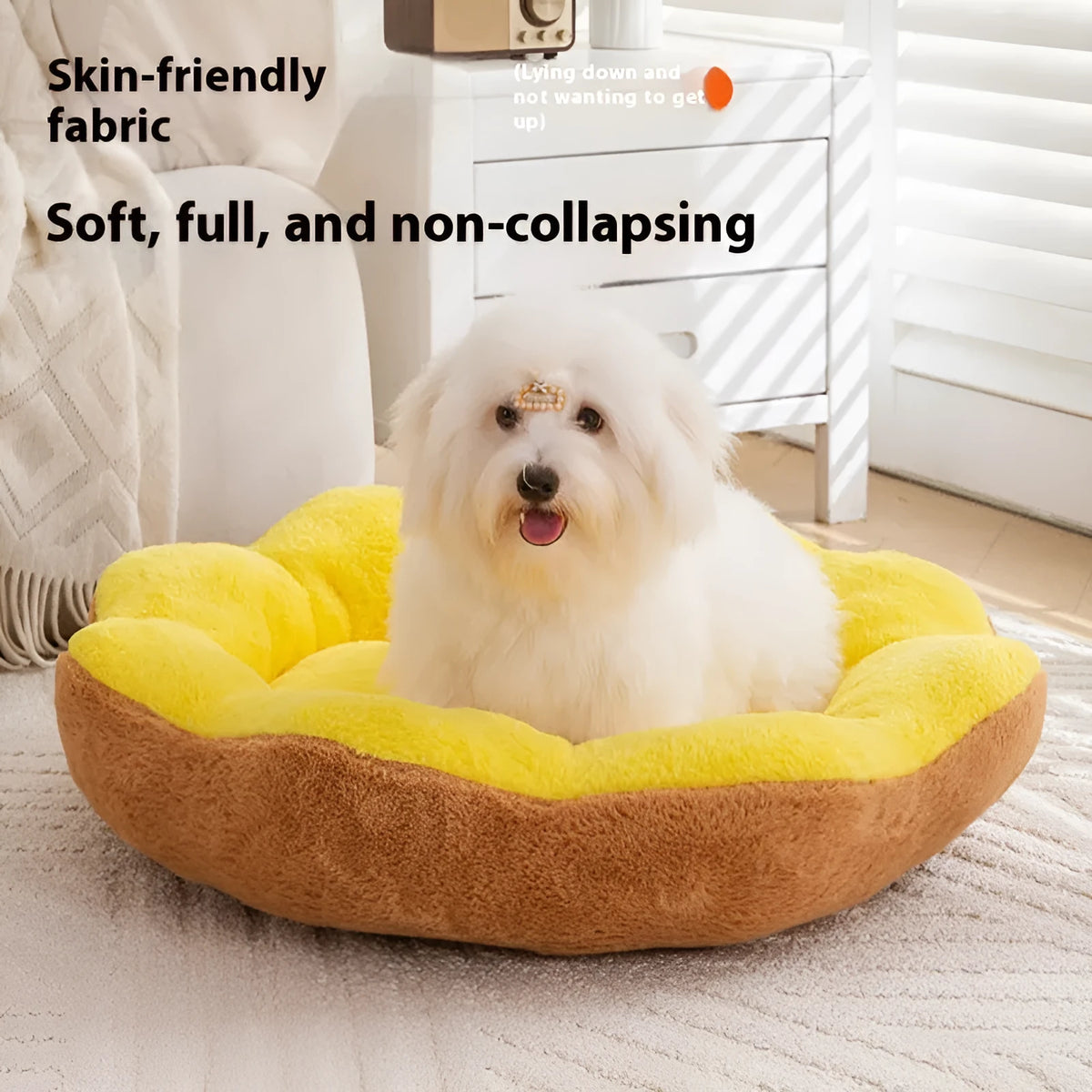 Round rabbit plush cat bed with a removable cover in yellow brown colour.