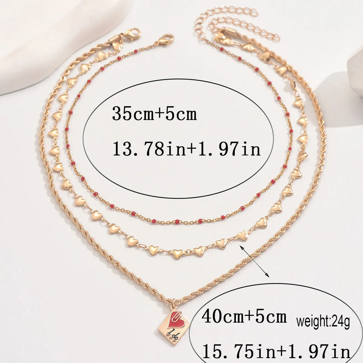 Adjustable geometric heart clavicle necklace with three-layer zinc alloy pendant on chain