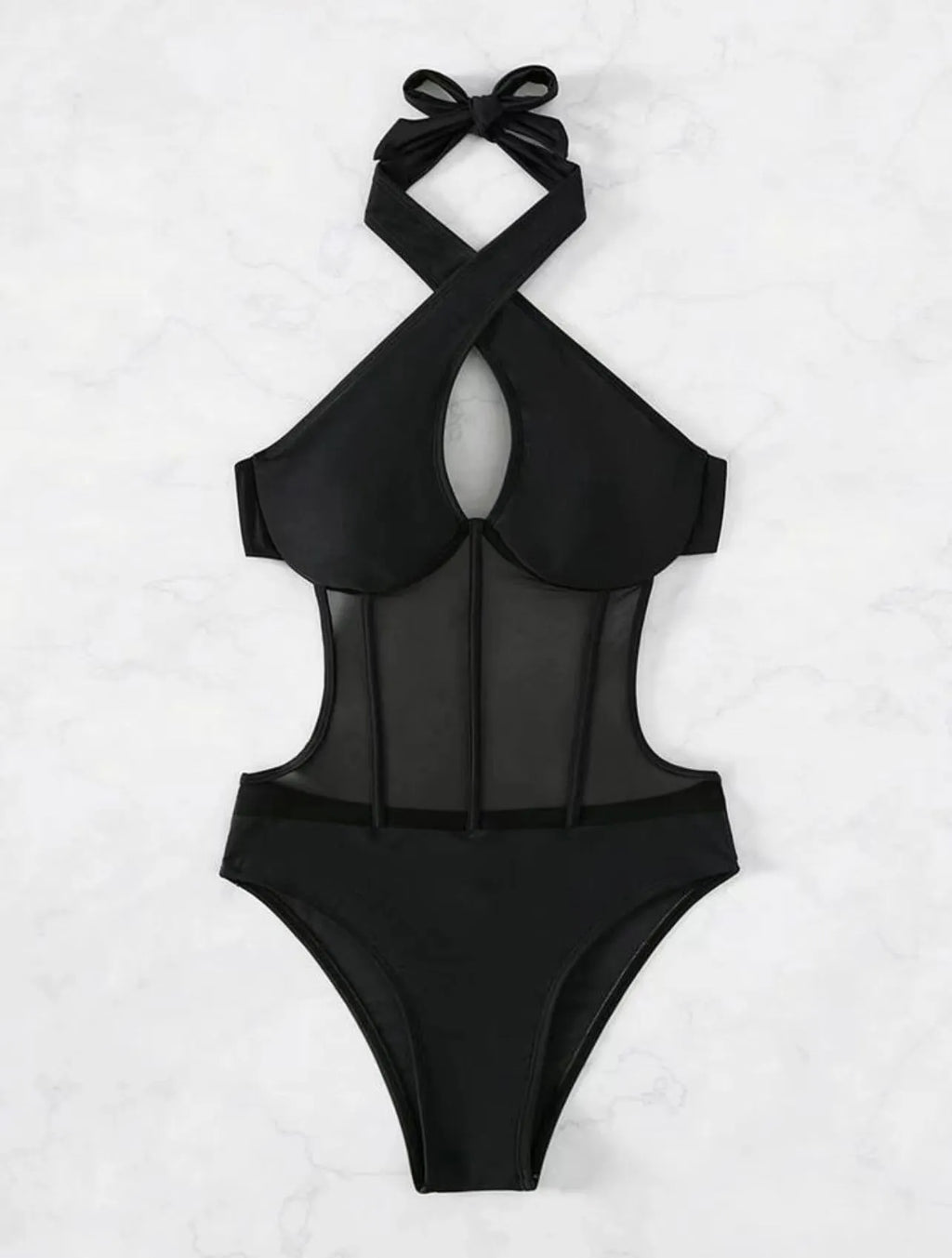 Women's black spun yarn one-piece swimsuit bikini on a mannequin