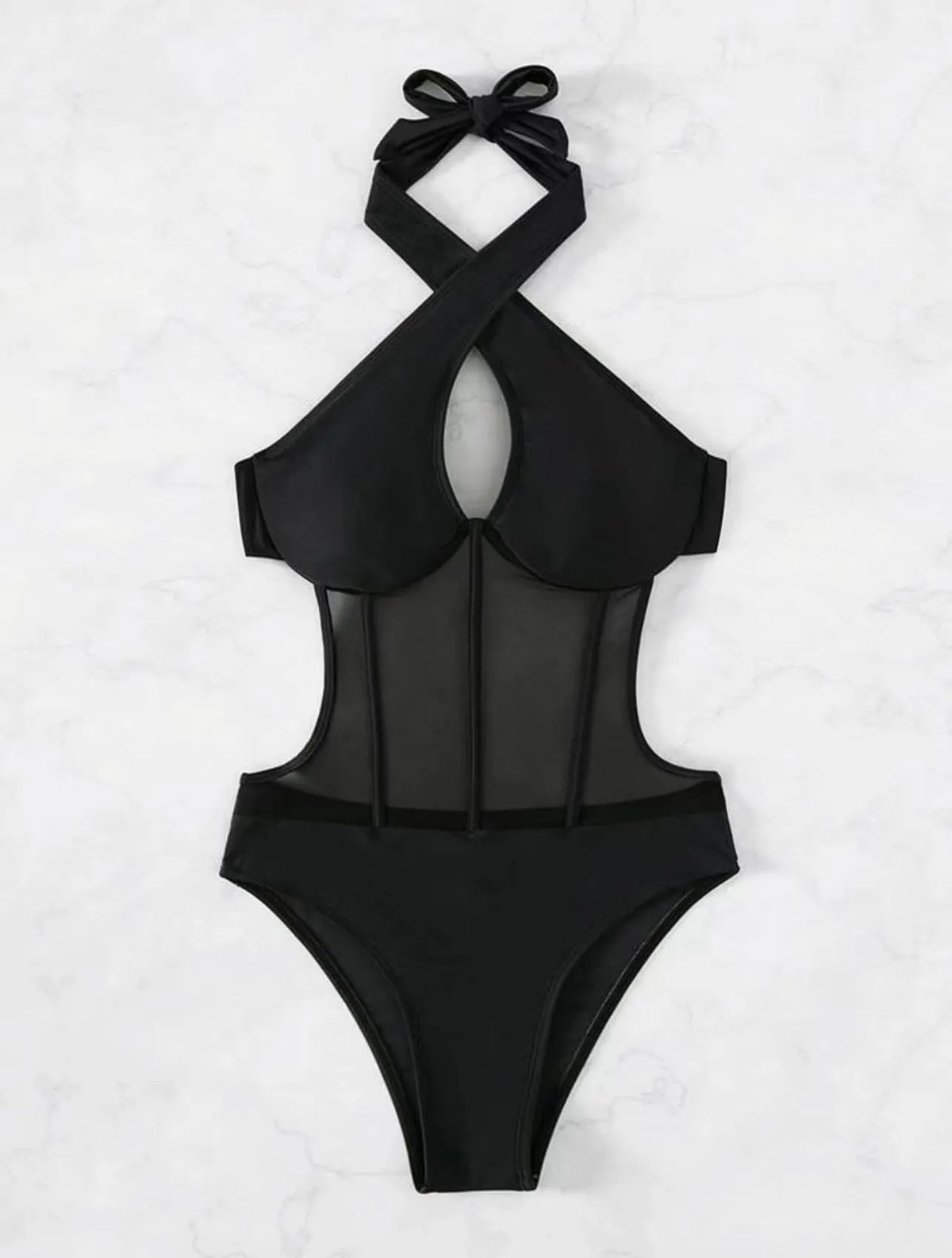 Women's black spun yarn one-piece swimsuit bikini on a mannequin