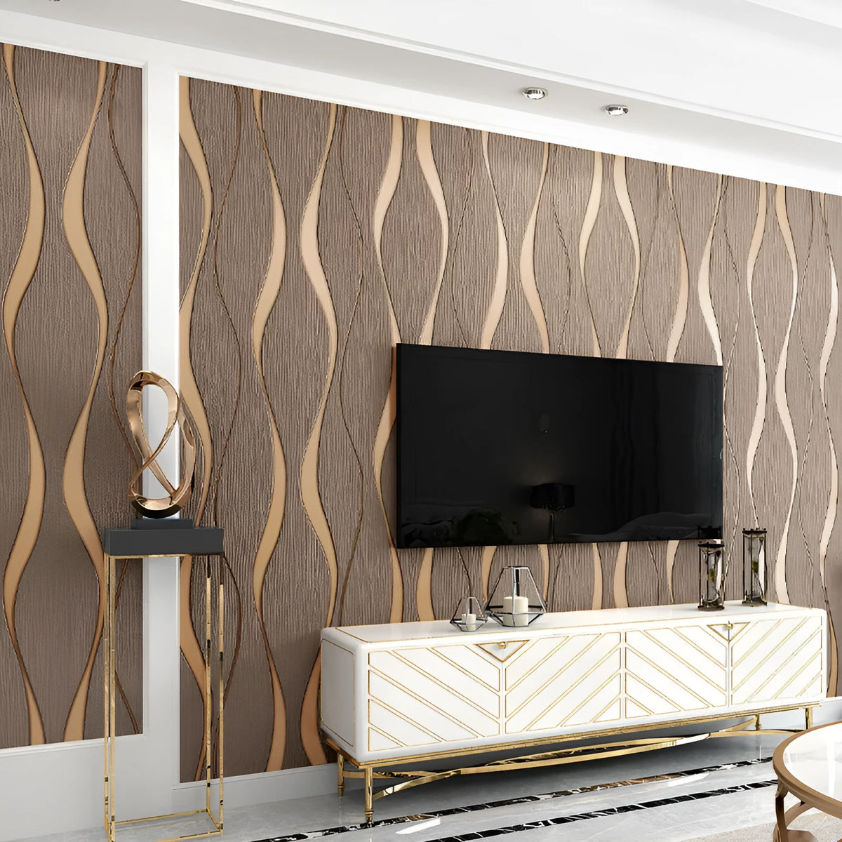 Curve stripe 3D decorative wallpaper roll in light grey or dark brown for video wall backgrounds