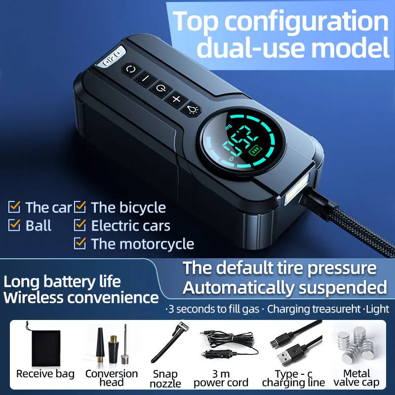 Wireless portable car air pump with 6000mAh battery and multiple valve adapters
