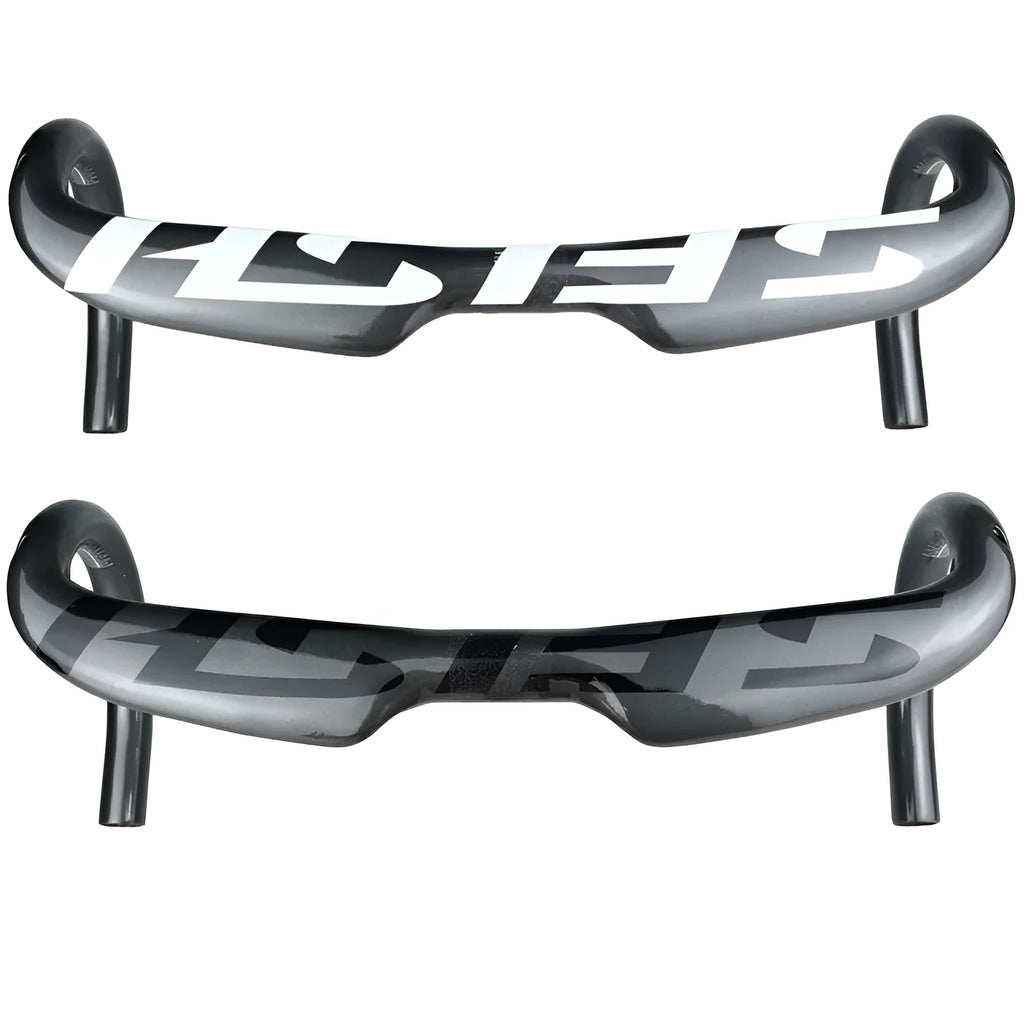 Carbon fibre road bike drop handlebar showing bent shape, available in black and white finishes with size options.