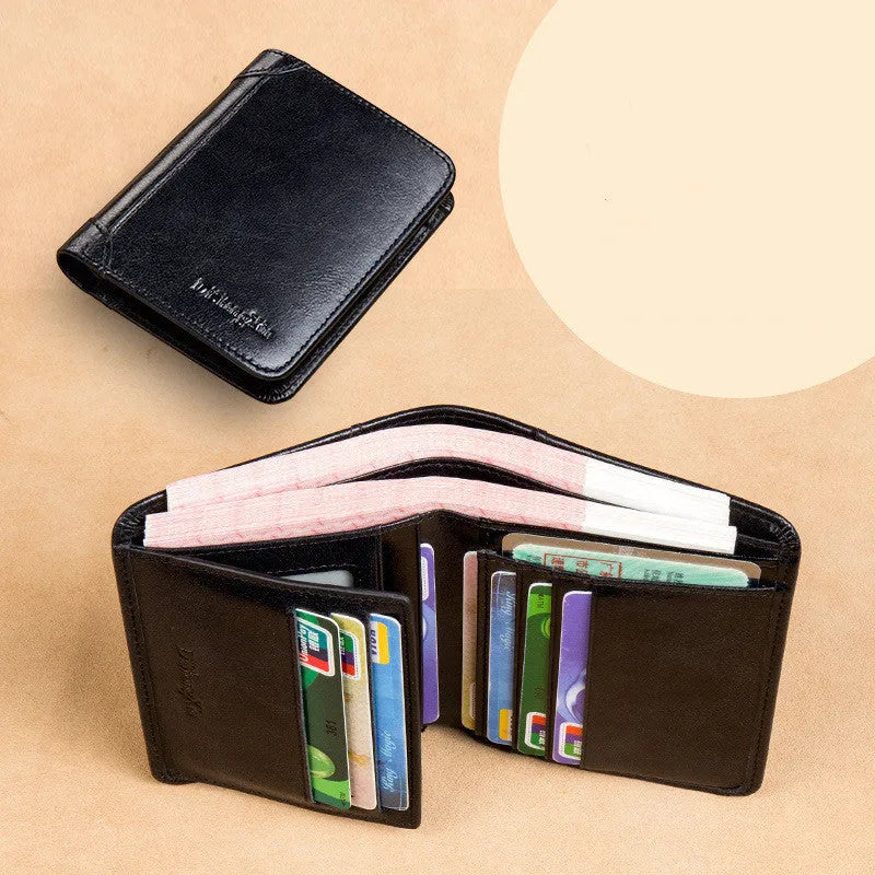 Men's brown leather wallet open to show card slots, ID window, coin pocket, and banknote fold.
