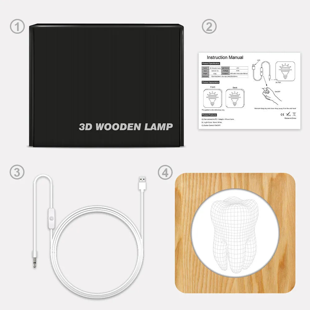 Tooth-shaped wood-colour acrylic night lamp with USB cable
