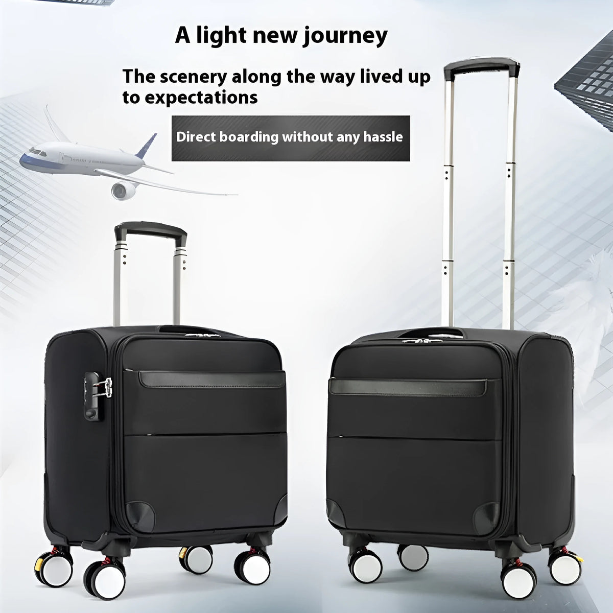 Black 18-inch Oxford cloth business suitcase with retractable handle and wheels.