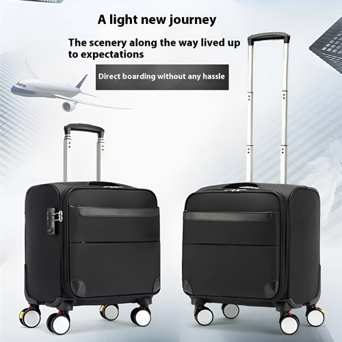Black 18-inch Oxford cloth business suitcase with retractable handle and wheels.