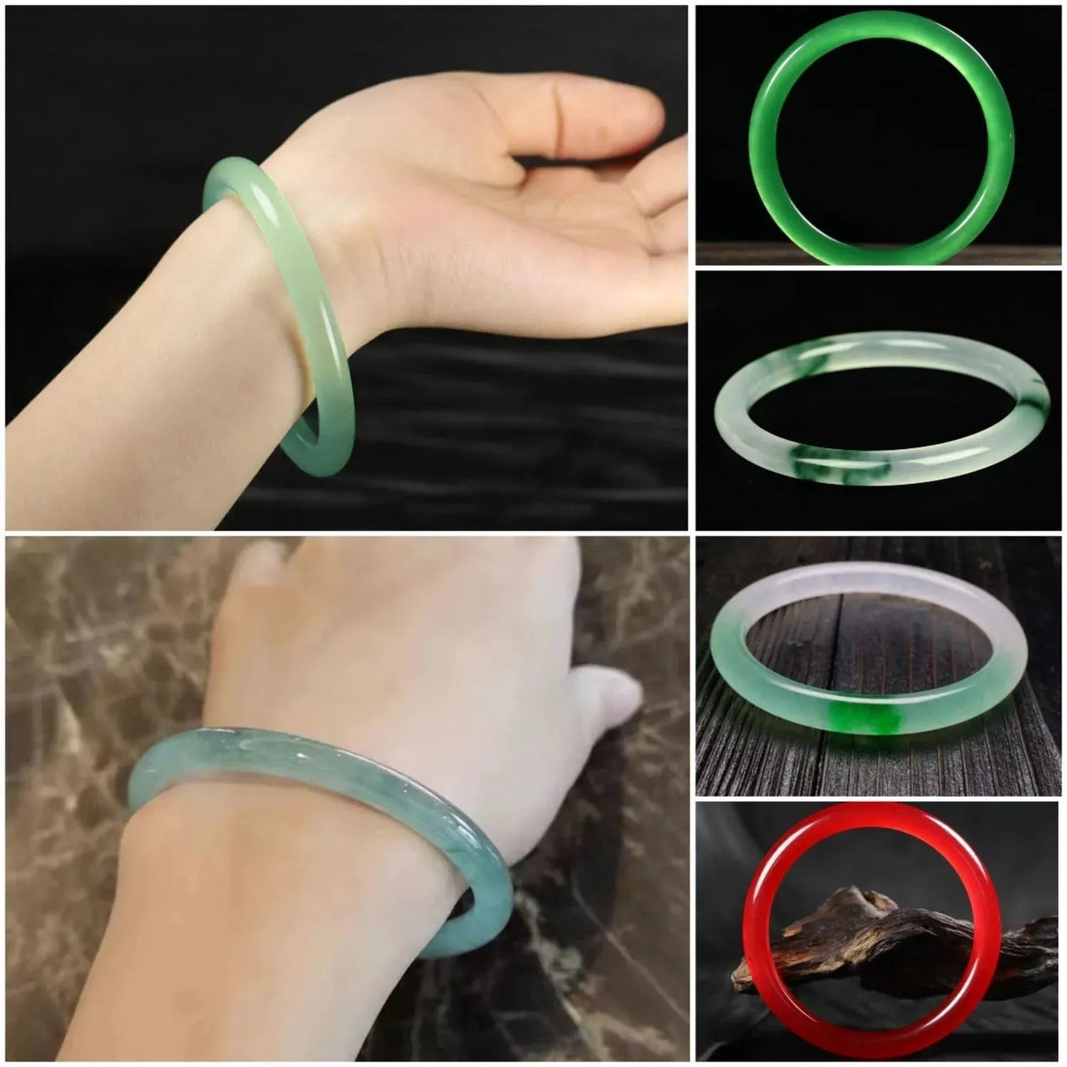 Women's jade bracelet with floating flower design in multiple colour options showing adjustable sizing