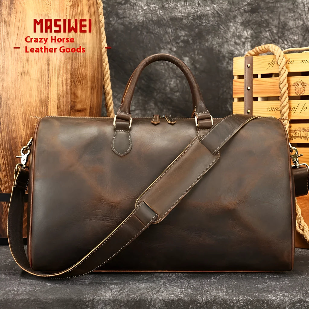 Men's vintage brown leather crossbody messenger bag shown with dimensions