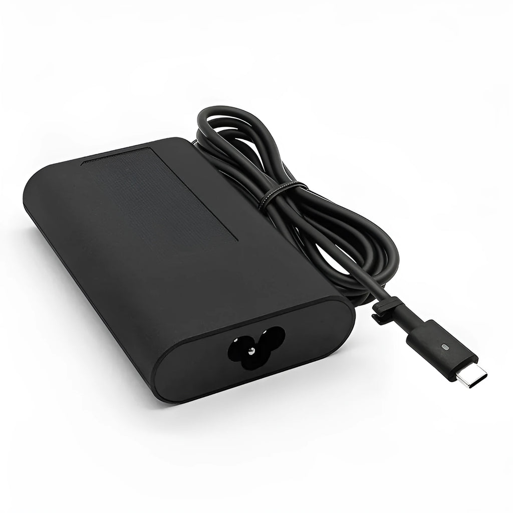 Black oval USB-C 65W laptop power adapter with international plug compatibility