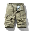 Men's cotton casual shorts in army green with zip fly and multiple pockets.